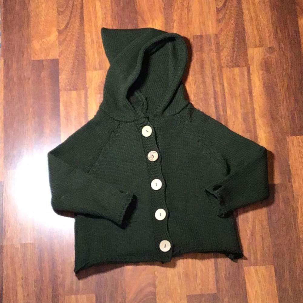 Toddler Size 2T - 3T ~ Handmade knit green button up sweater with hood!